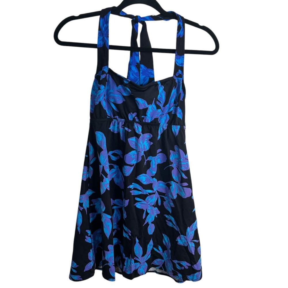 Lands End Swim Dress Blue Black Floral Halter Modest‎ Beachy Preppy Size 6L